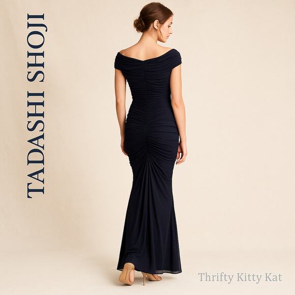 Tadashi Shoji Ruched Mesh Cap Sleeve Floor Length Formal Evening Gown Black L - Picture 5 of 11